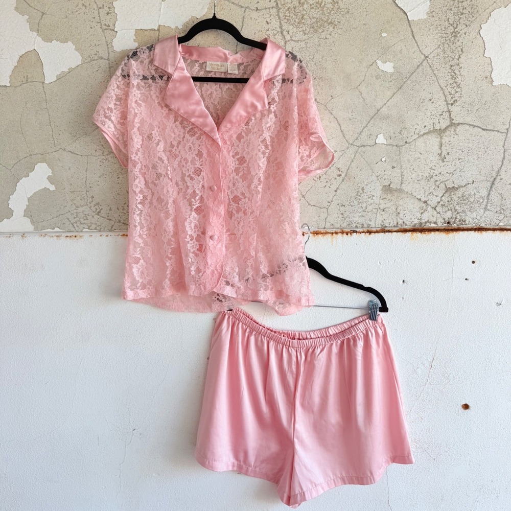 Vintage Victorias Secret Gold Label Pajama Set Lace Button Up Top Satin Shorts L